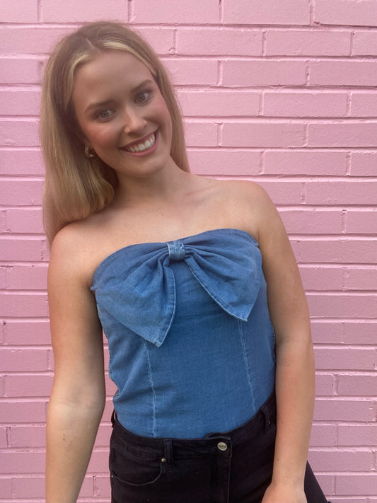 Denim Bow Strapless Top