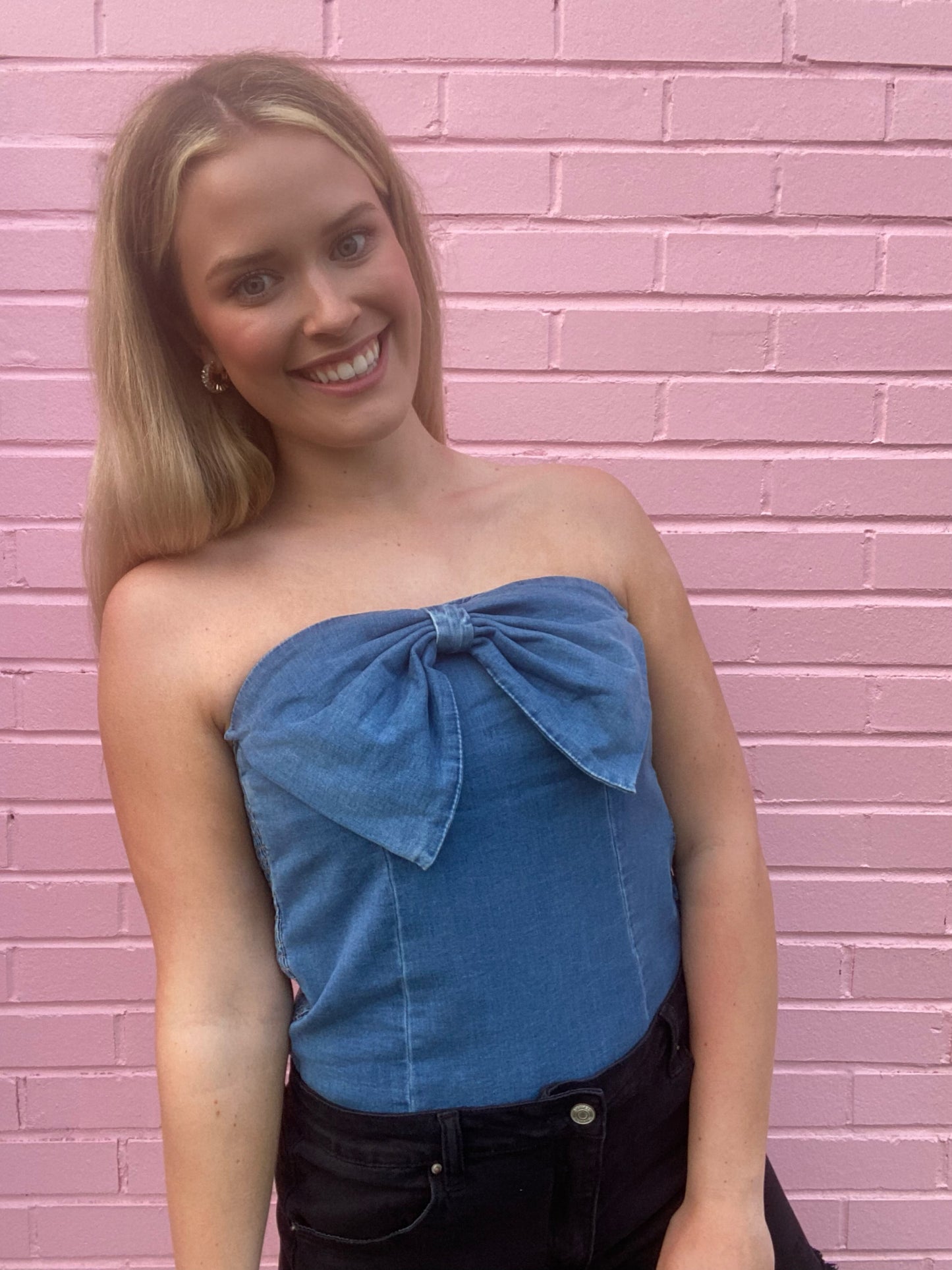 Denim Bow Strapless Top