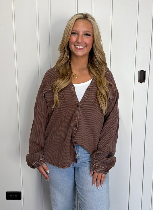 Mineral Wash Waffle Knit Button-up Shacket