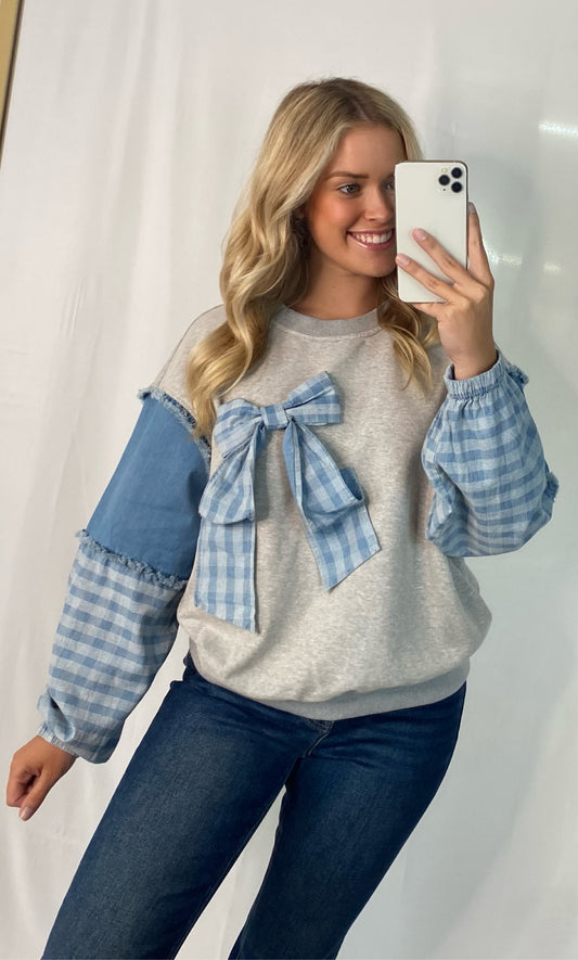 Denim Contrast Top with Bow