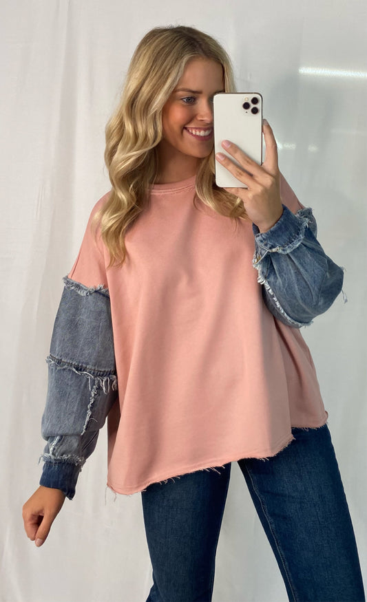 Pink Top with Denim Sleeves