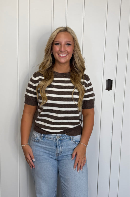 Stripe Brown Short Sleeve Sweater