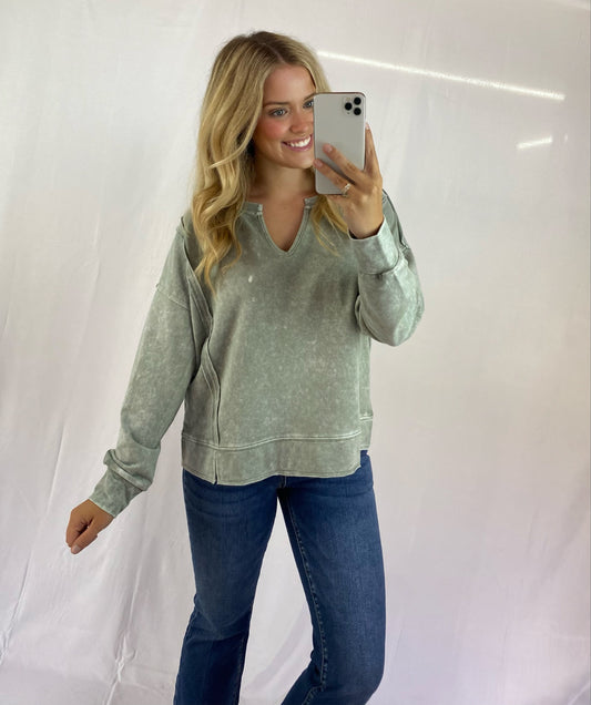 Distressed Long Sleeve V-Neck Top