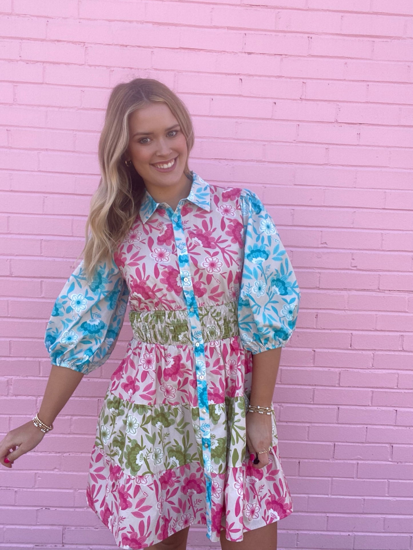 Poplin Mixed Floral 3/4 Sleeve Dress