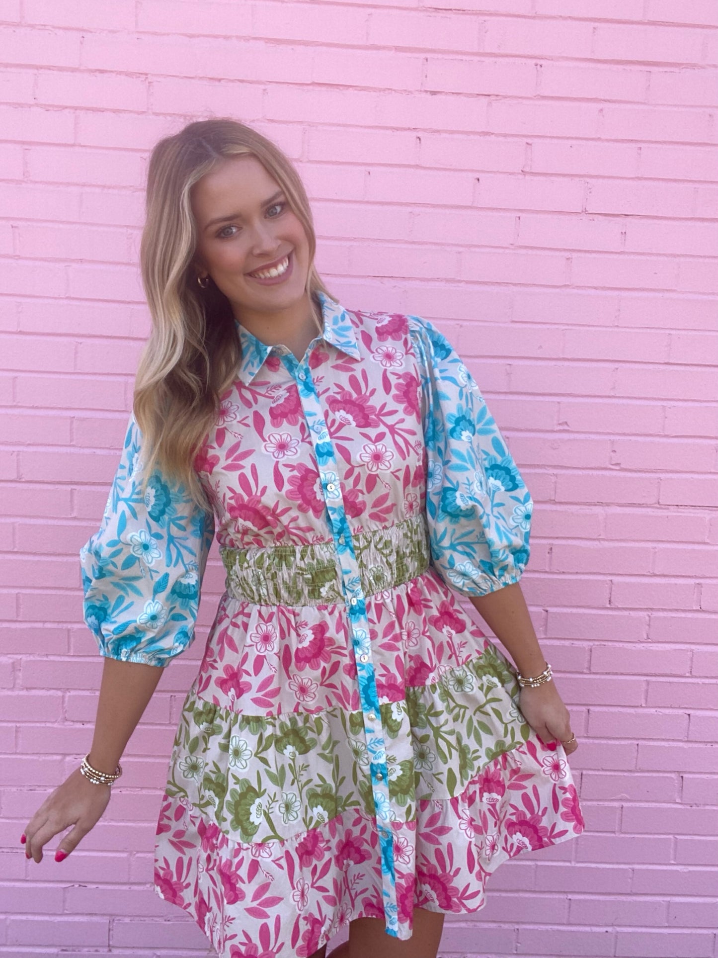Poplin Mixed Floral 3/4 Sleeve Dress