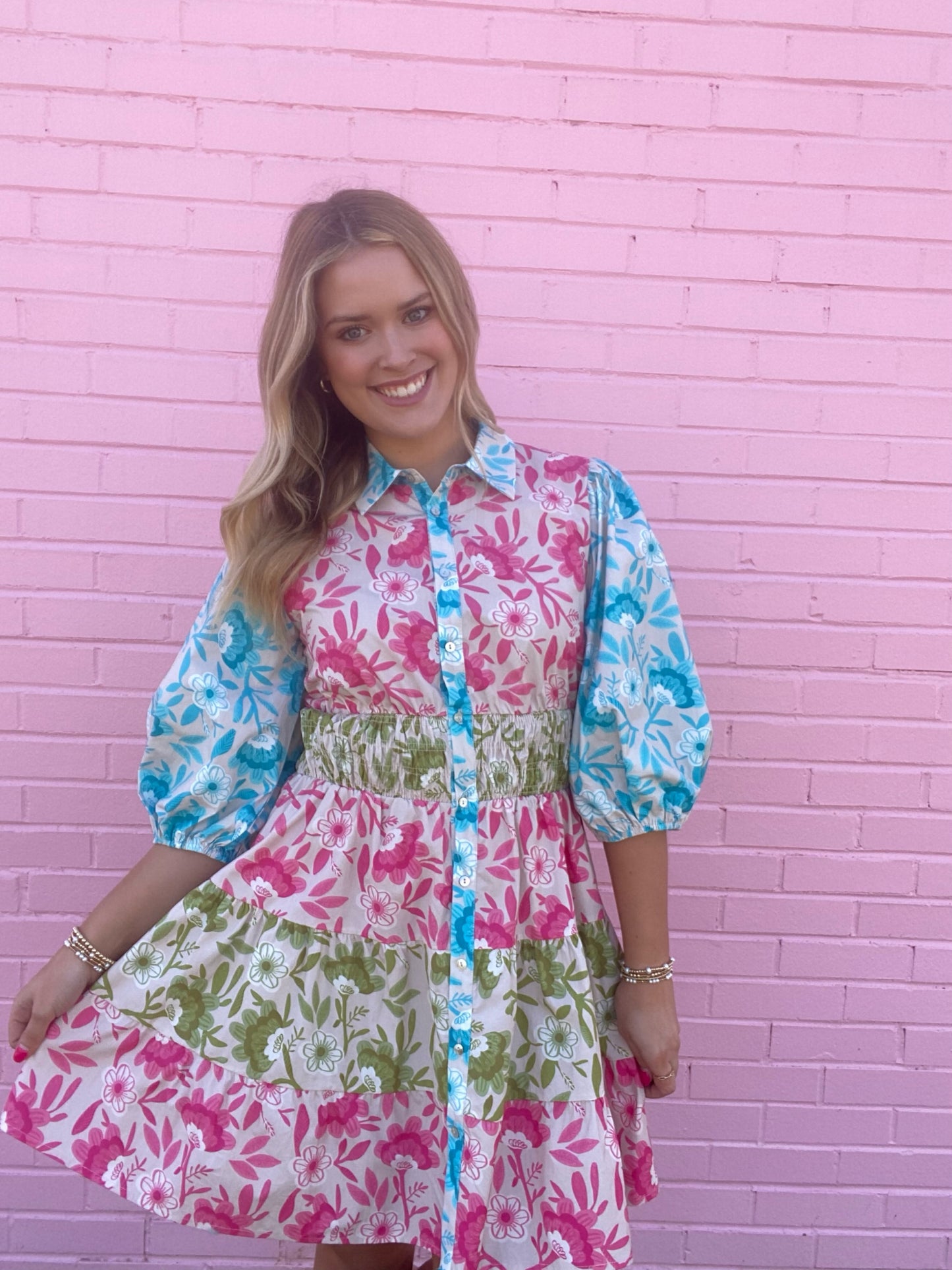Poplin Mixed Floral 3/4 Sleeve Dress