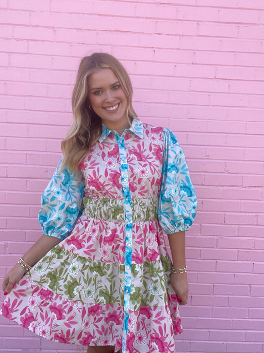 Poplin Mixed Floral 3/4 Sleeve Dress