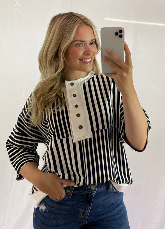 Black & White Striped Top with Front Buttons