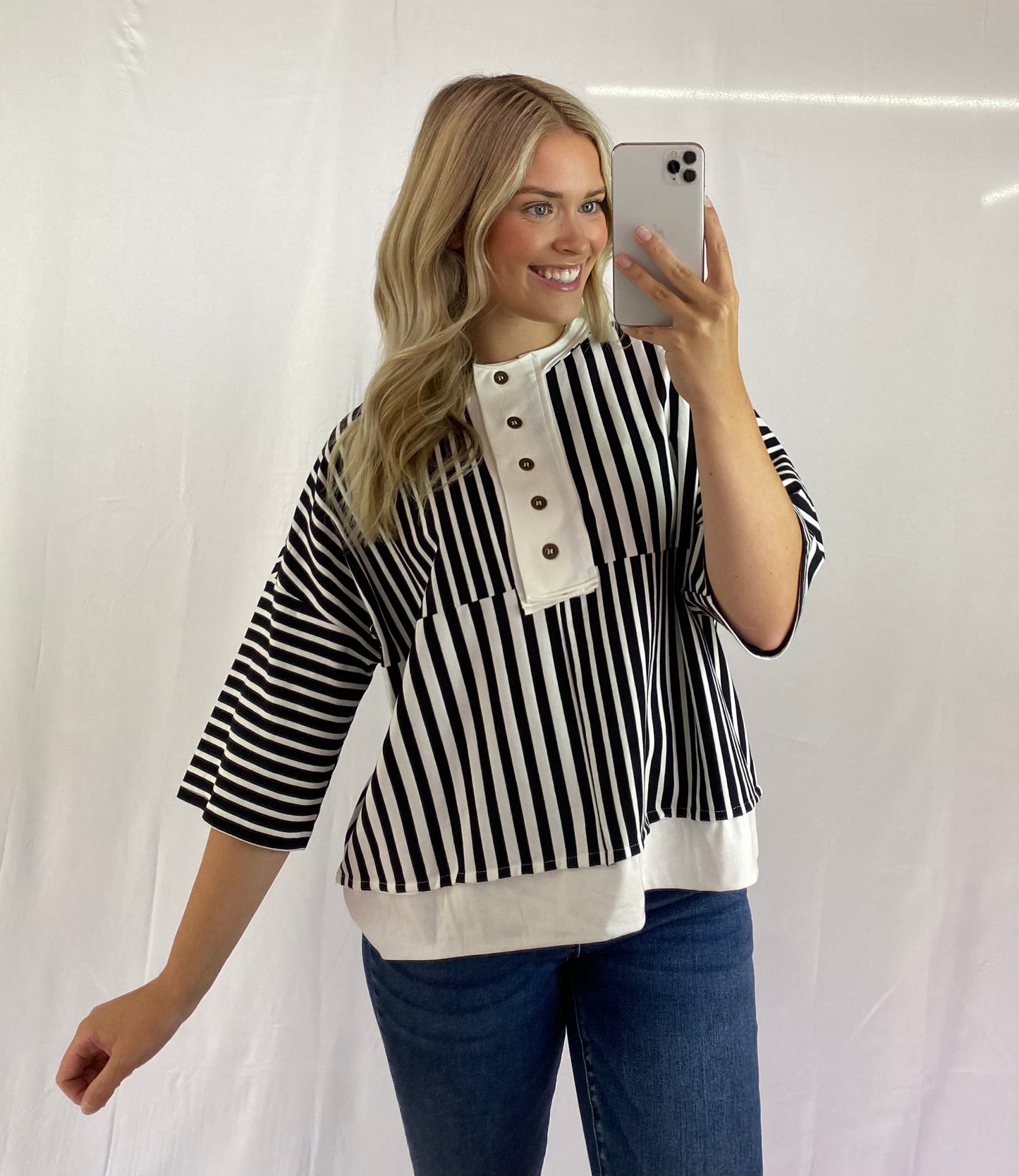 Black & White Striped Top with Front Buttons