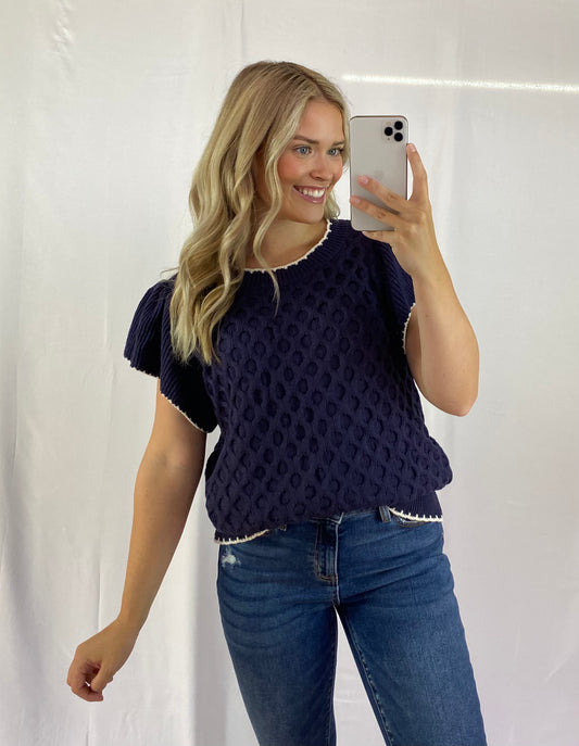 Cable Knit Sweater with Ruffle Sleeves