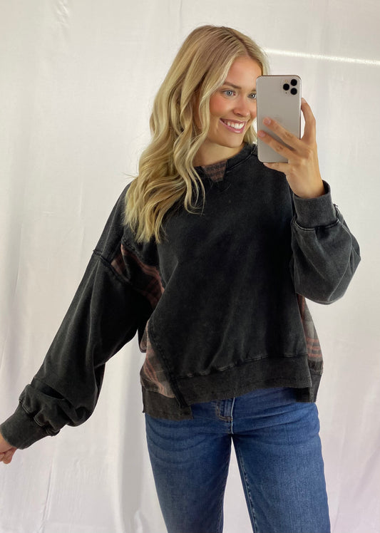 Acid Wash Sweatshirt with Plaid Contrast