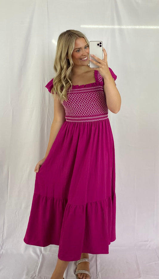 Midi Dress w/ Smocking and Square Neckline