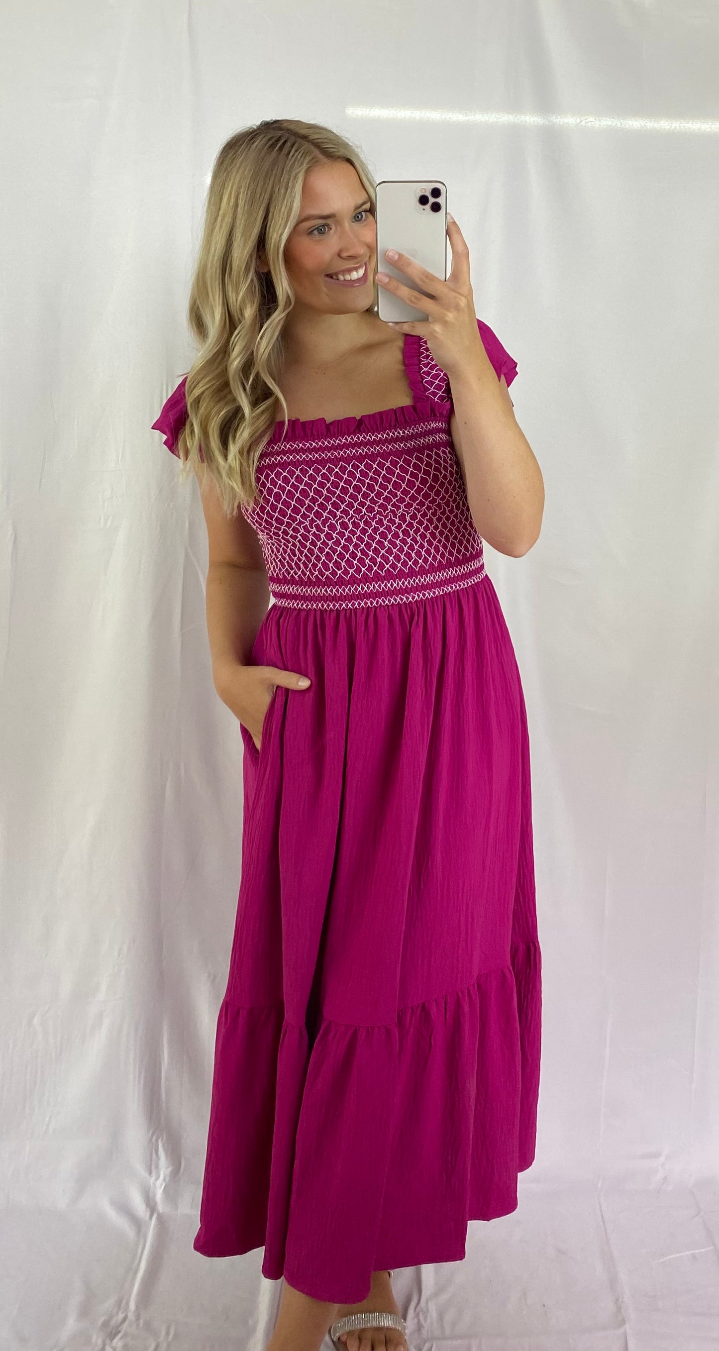Midi Dress w/ Smocking and Square Neckline