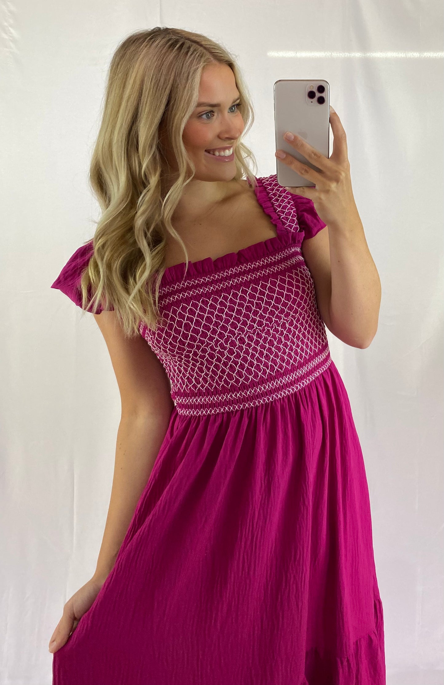 Midi Dress w/ Smocking and Square Neckline