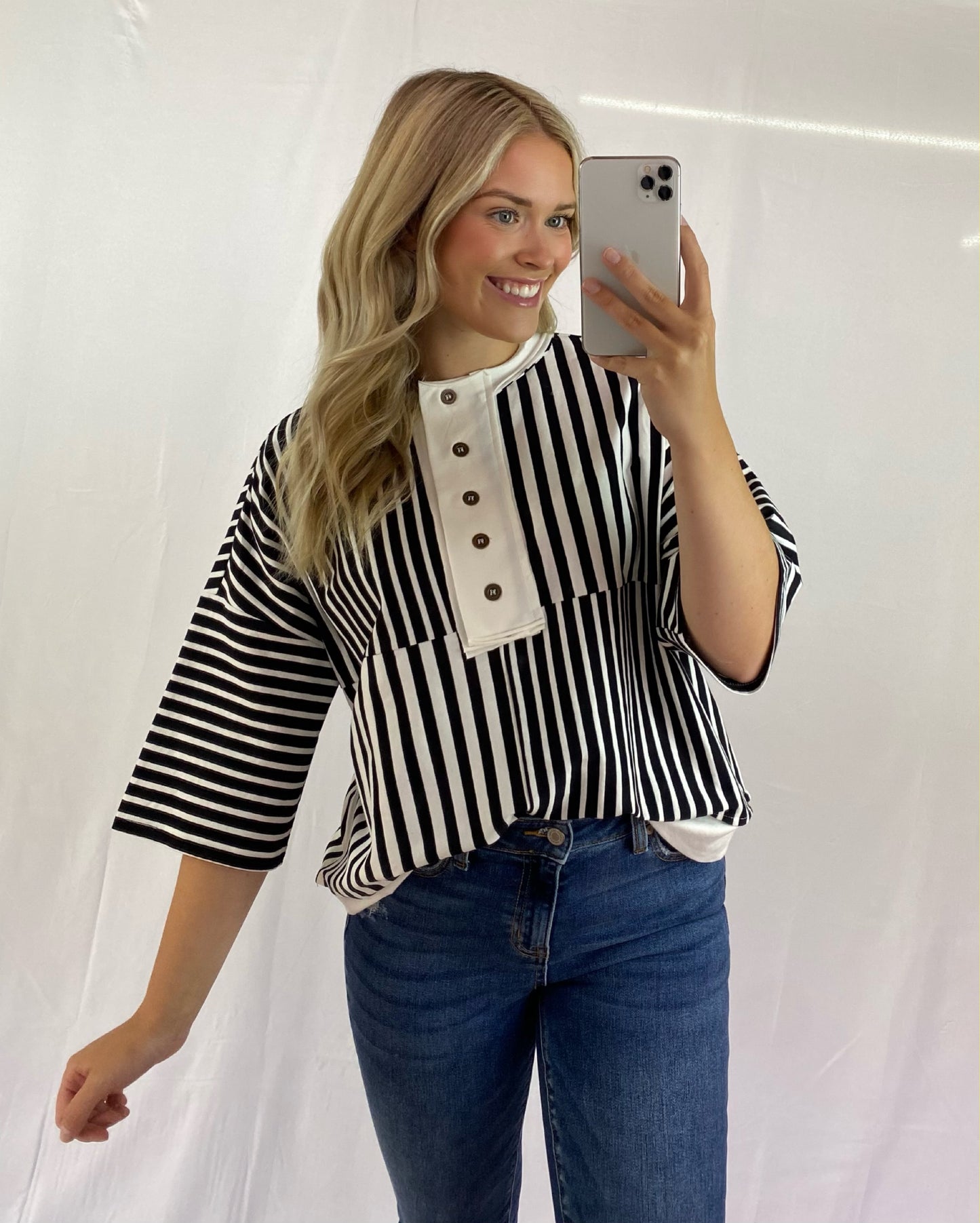 Black & White Striped Top with Front Buttons