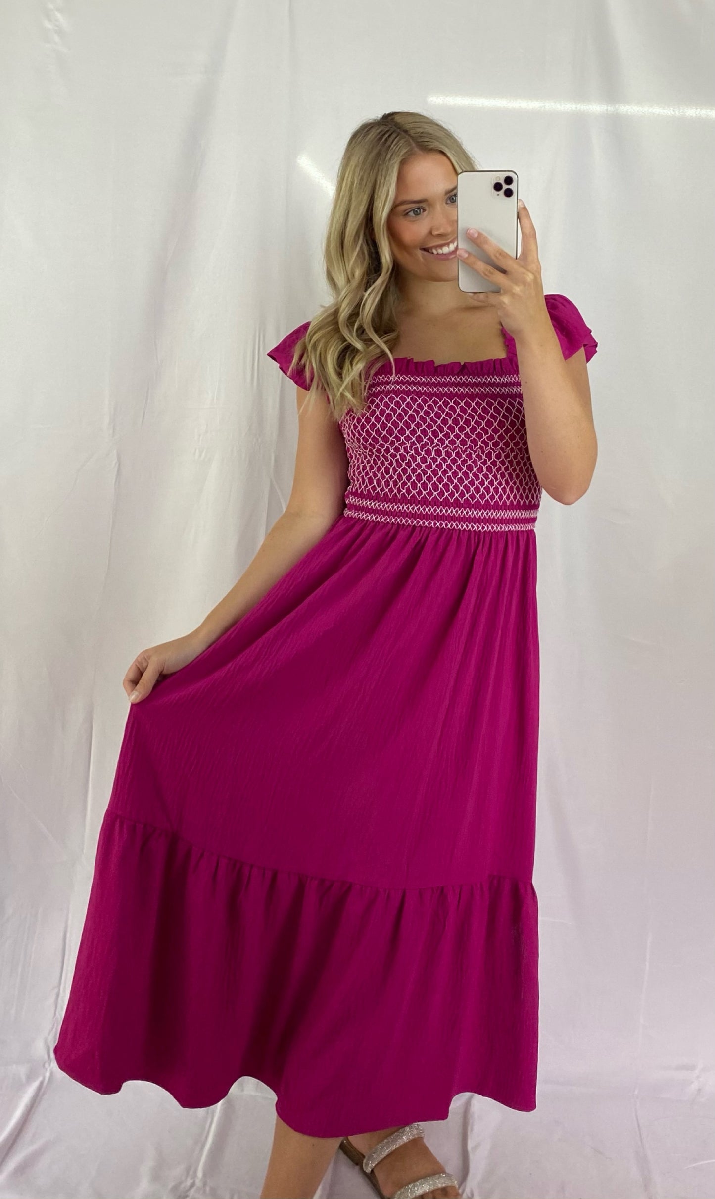 Midi Dress w/ Smocking and Square Neckline