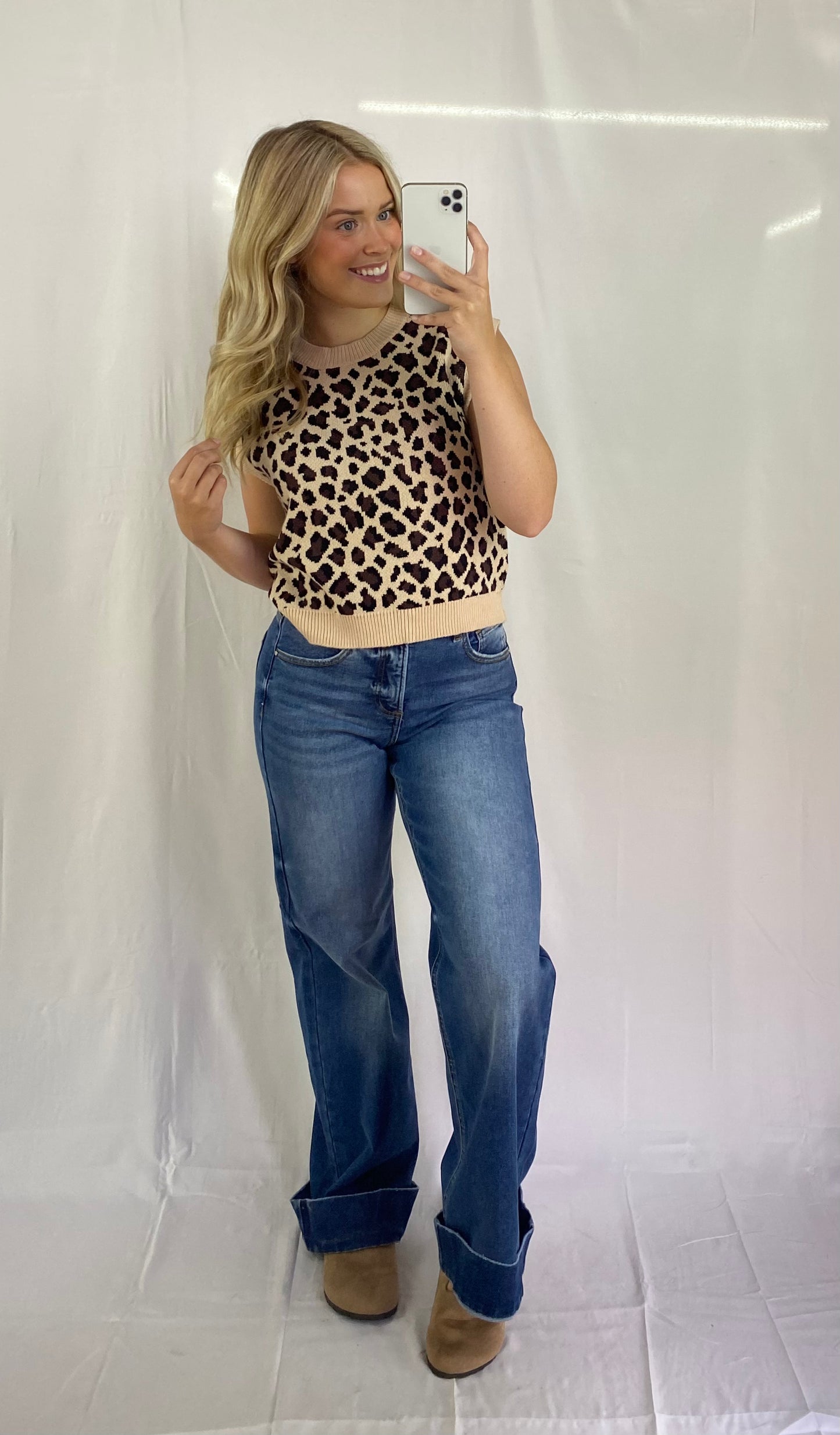 Tummy Control High Rise Ankle Wide Cuffed Jeans