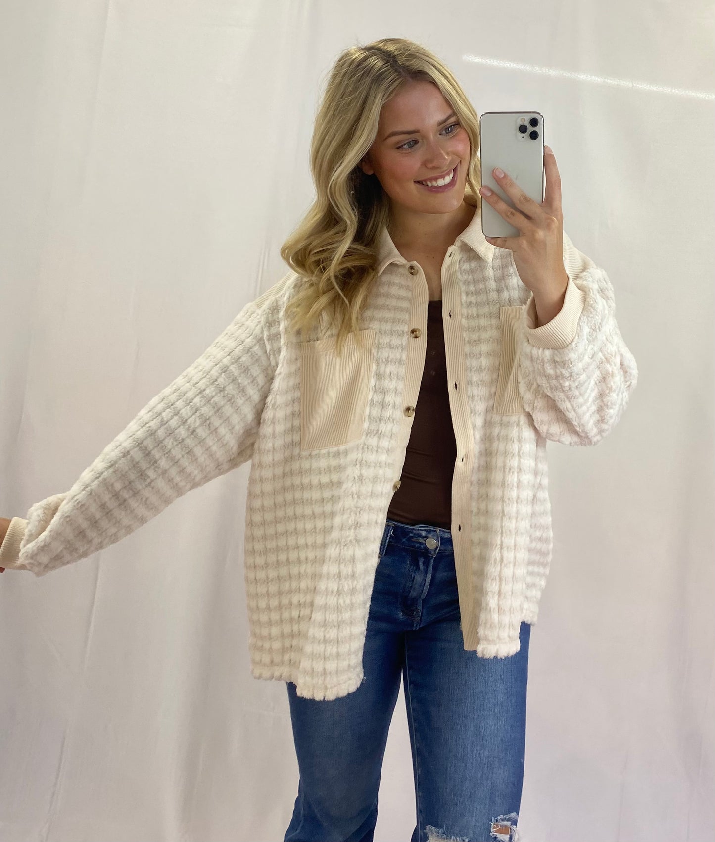 Button Up Shacket w/ Knit Contrast