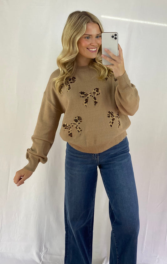 Tan Leopard Bow Sweater