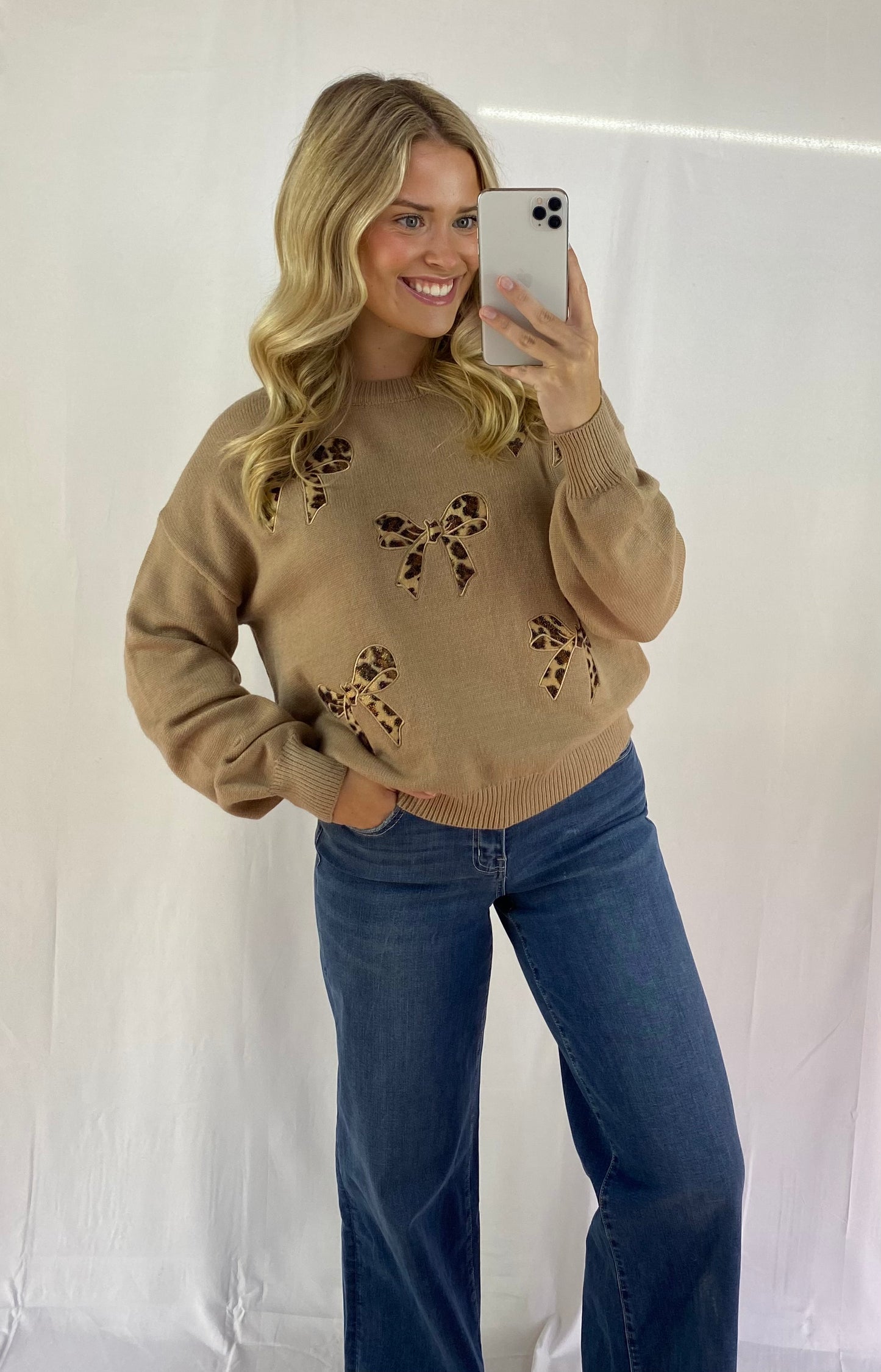 Tan Leopard Bow Sweater