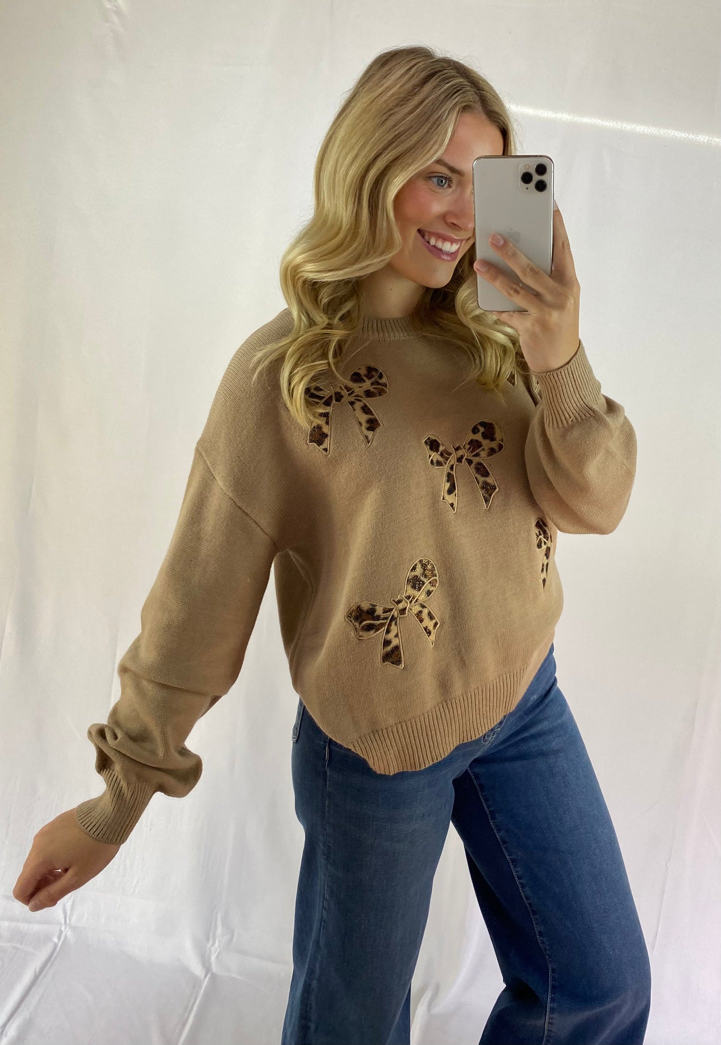 Tan Leopard Bow Sweater