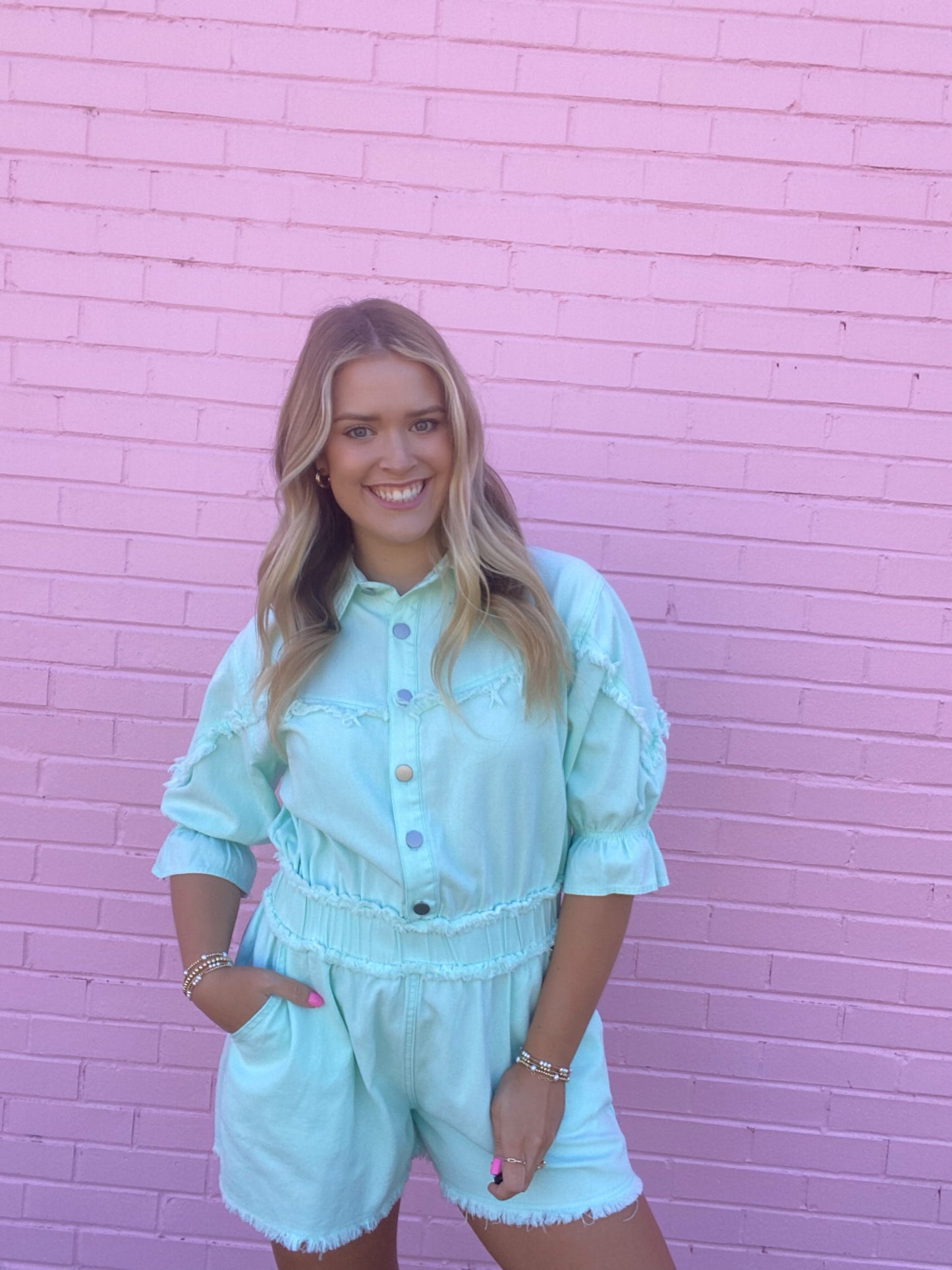 Distressed Mint Denim Romper