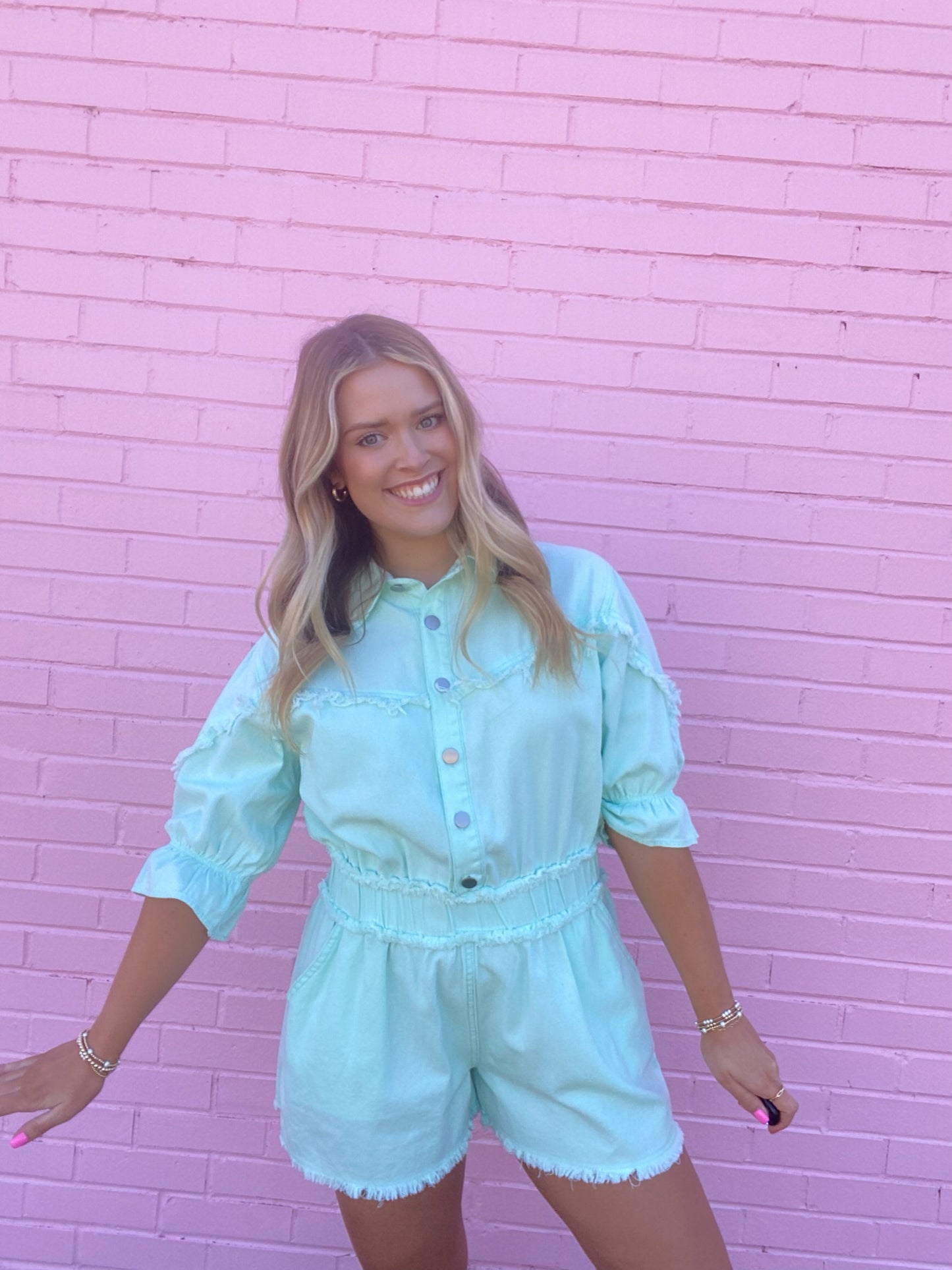 Distressed Mint Denim Romper