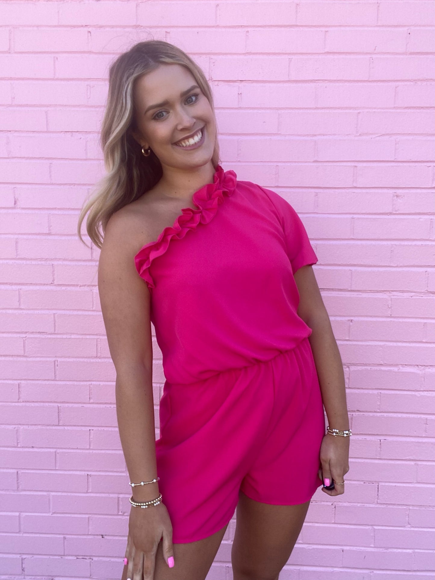 One Shoulder Pink Ruffle Romper