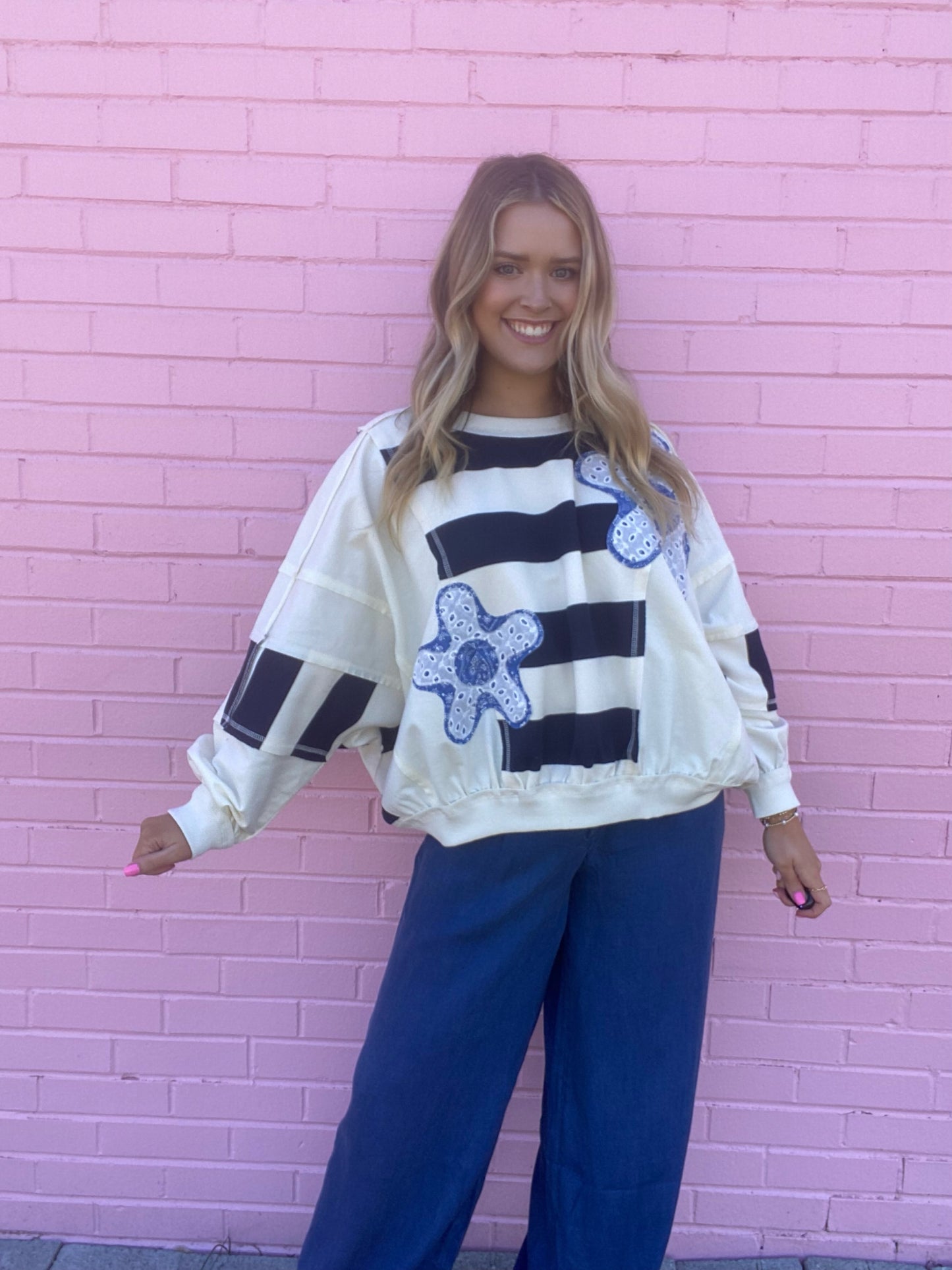 Navy Stripe Patchwork Top