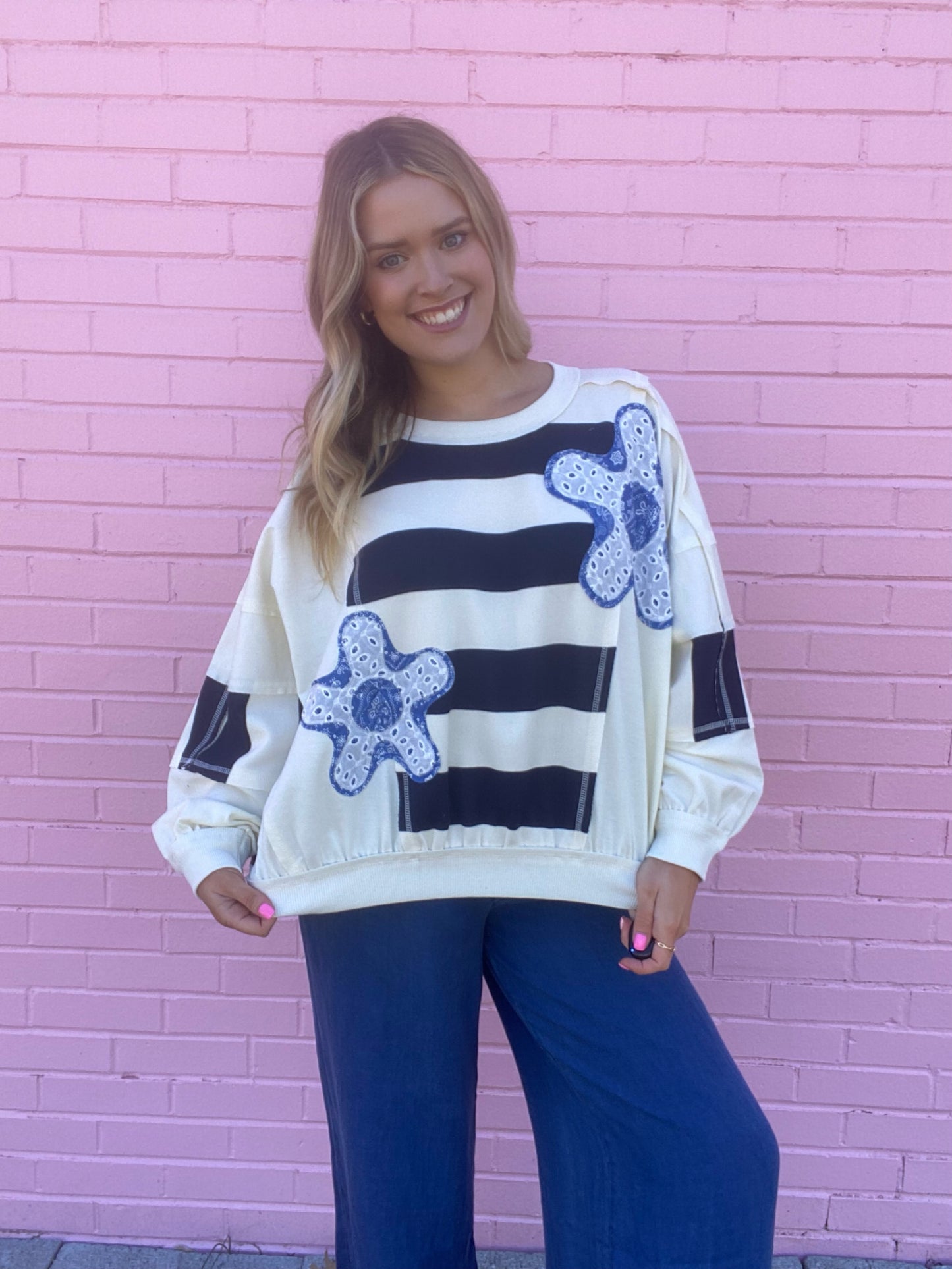 Navy Stripe Patchwork Top