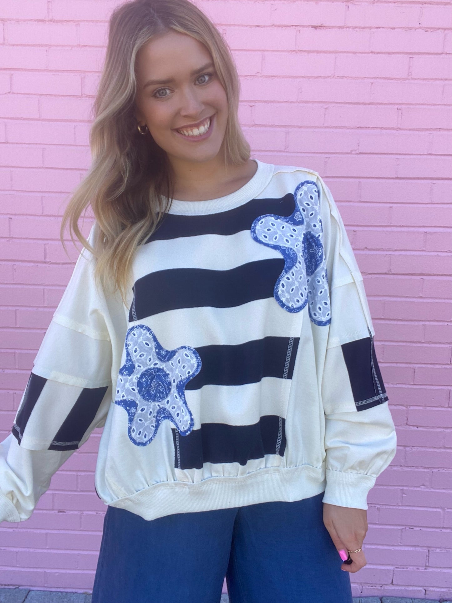 Navy Stripe Patchwork Top