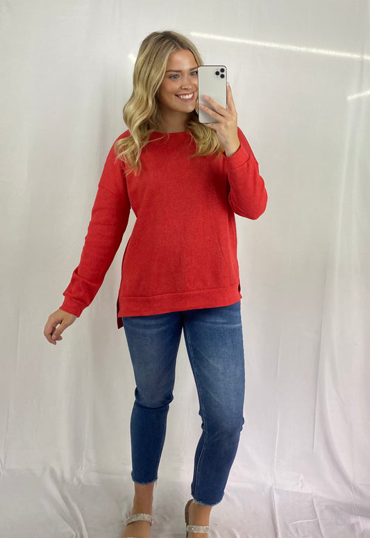 Waffle Knit Side Slit Pullover Top