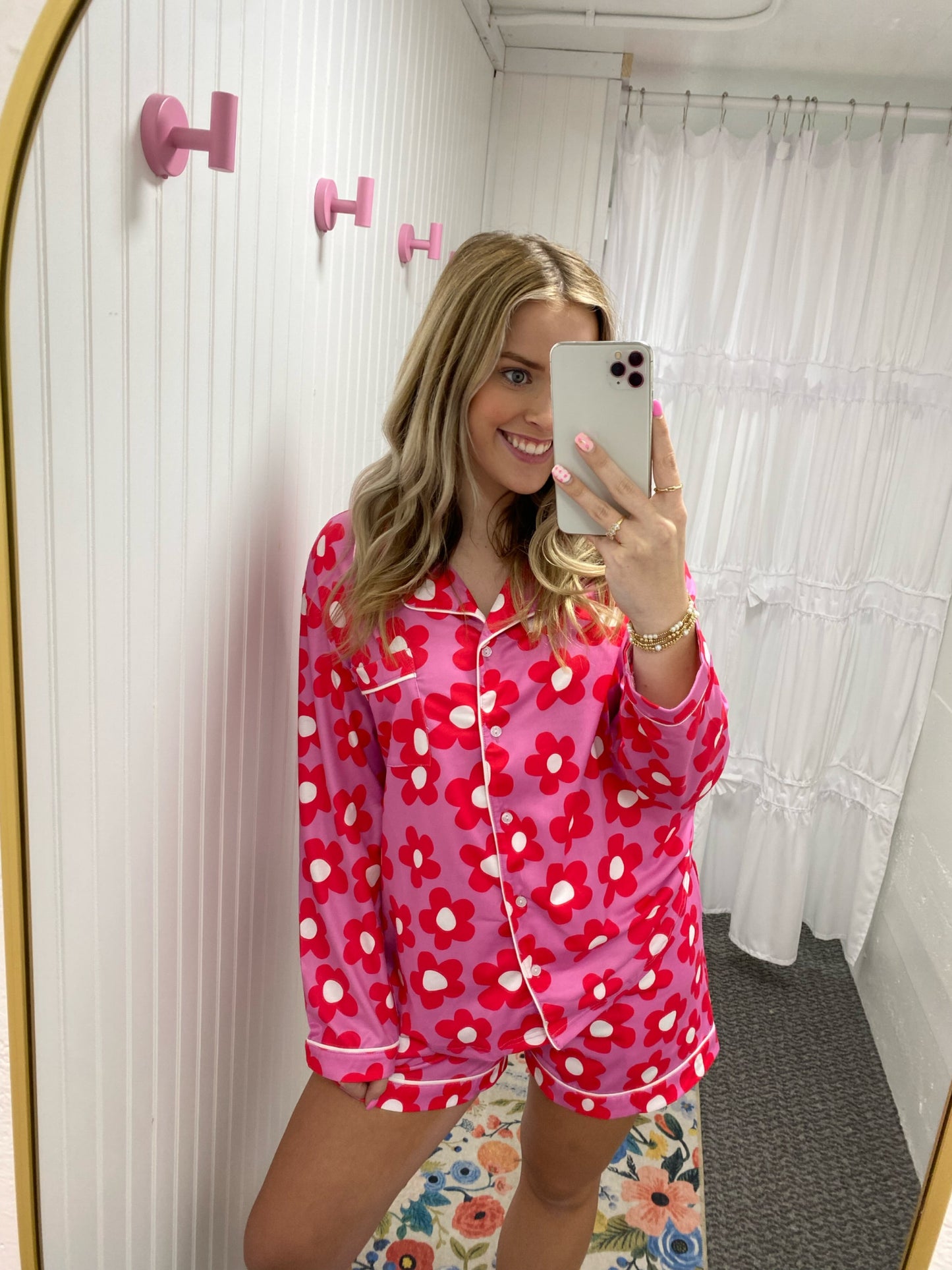 Flower Print Long Sleeve Pj Shorts Set