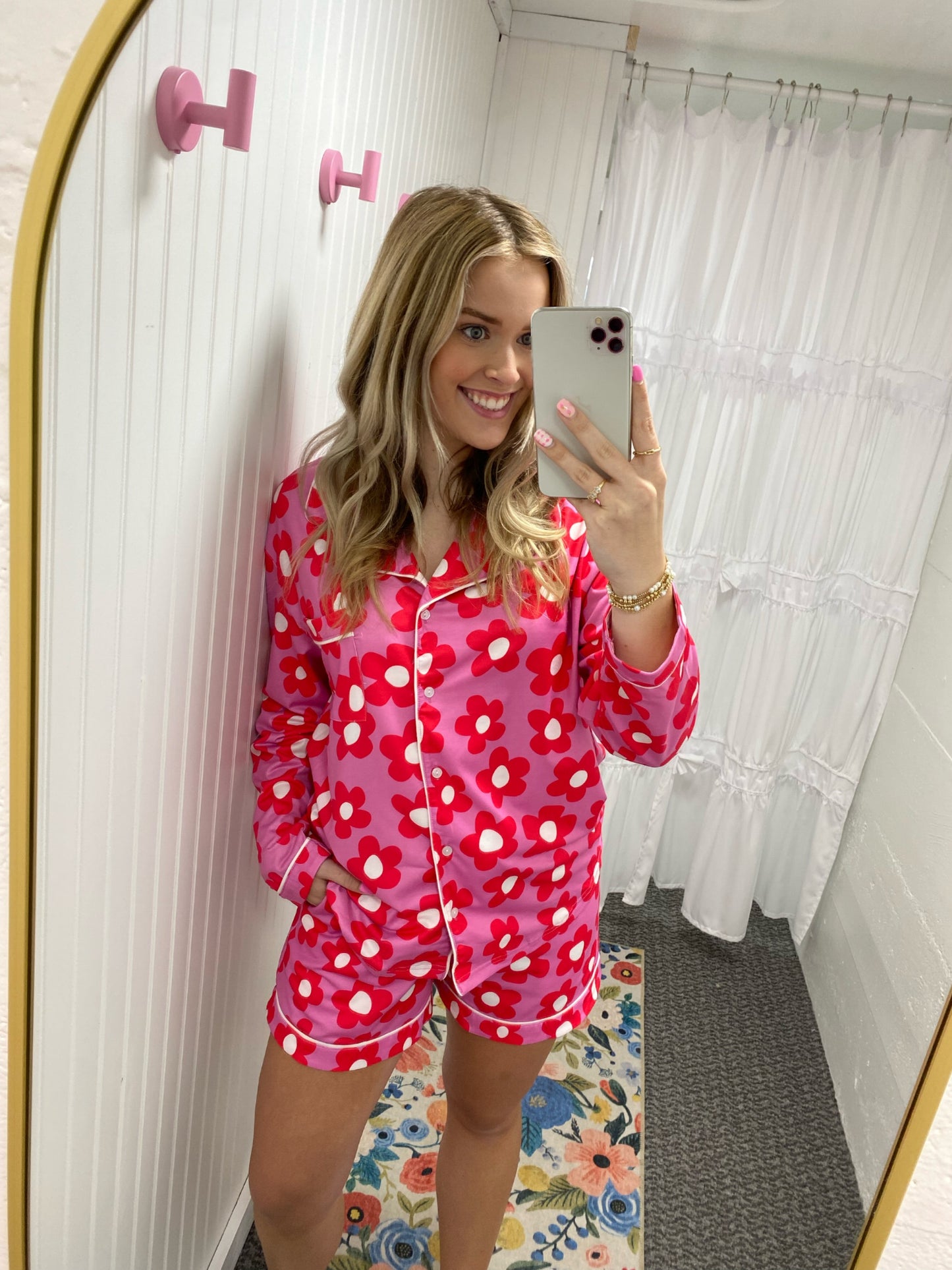 Flower Print Long Sleeve Pj Shorts Set