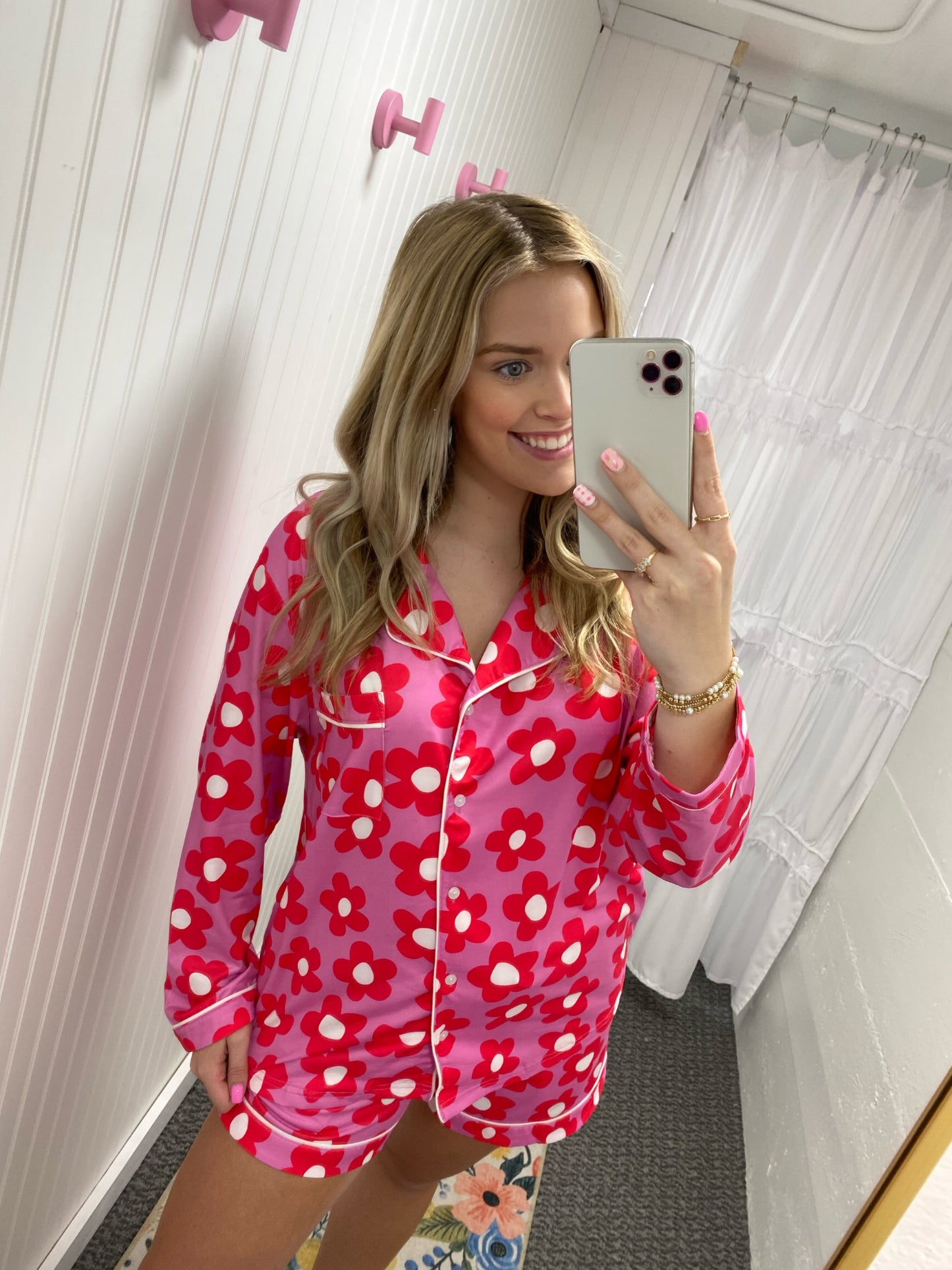 Flower Print Long Sleeve Pj Shorts Set