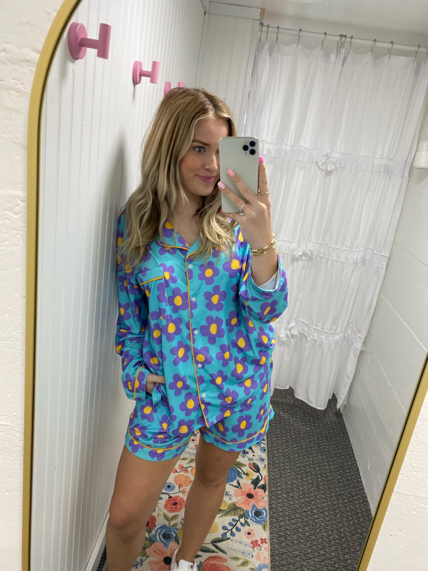 Flower Print Long Sleeve Pj Shorts Set