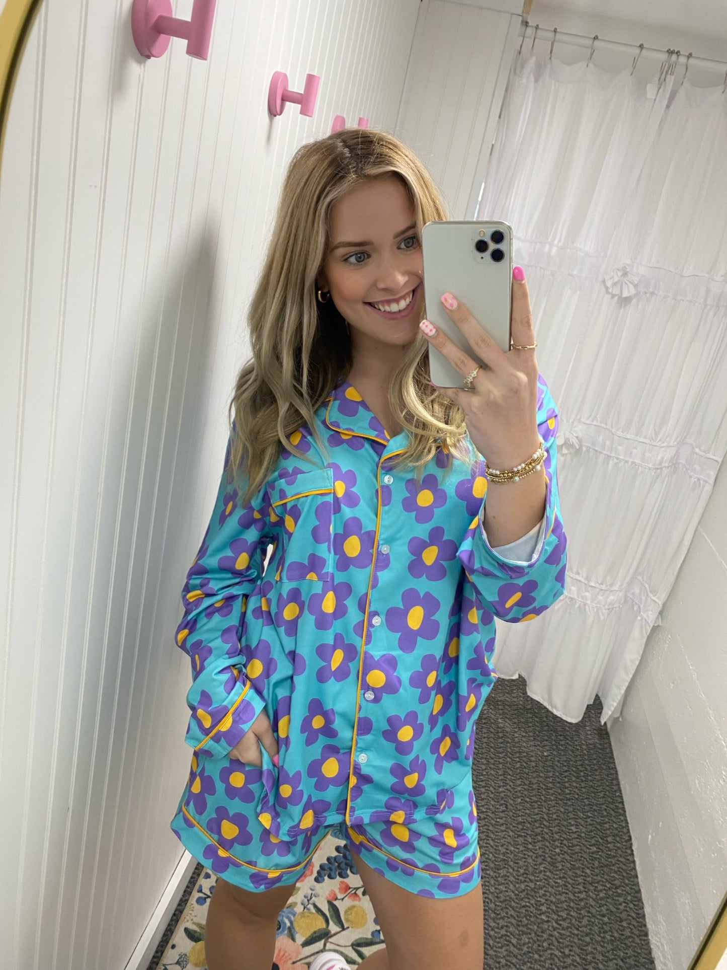 Flower Print Long Sleeve Pj Shorts Set