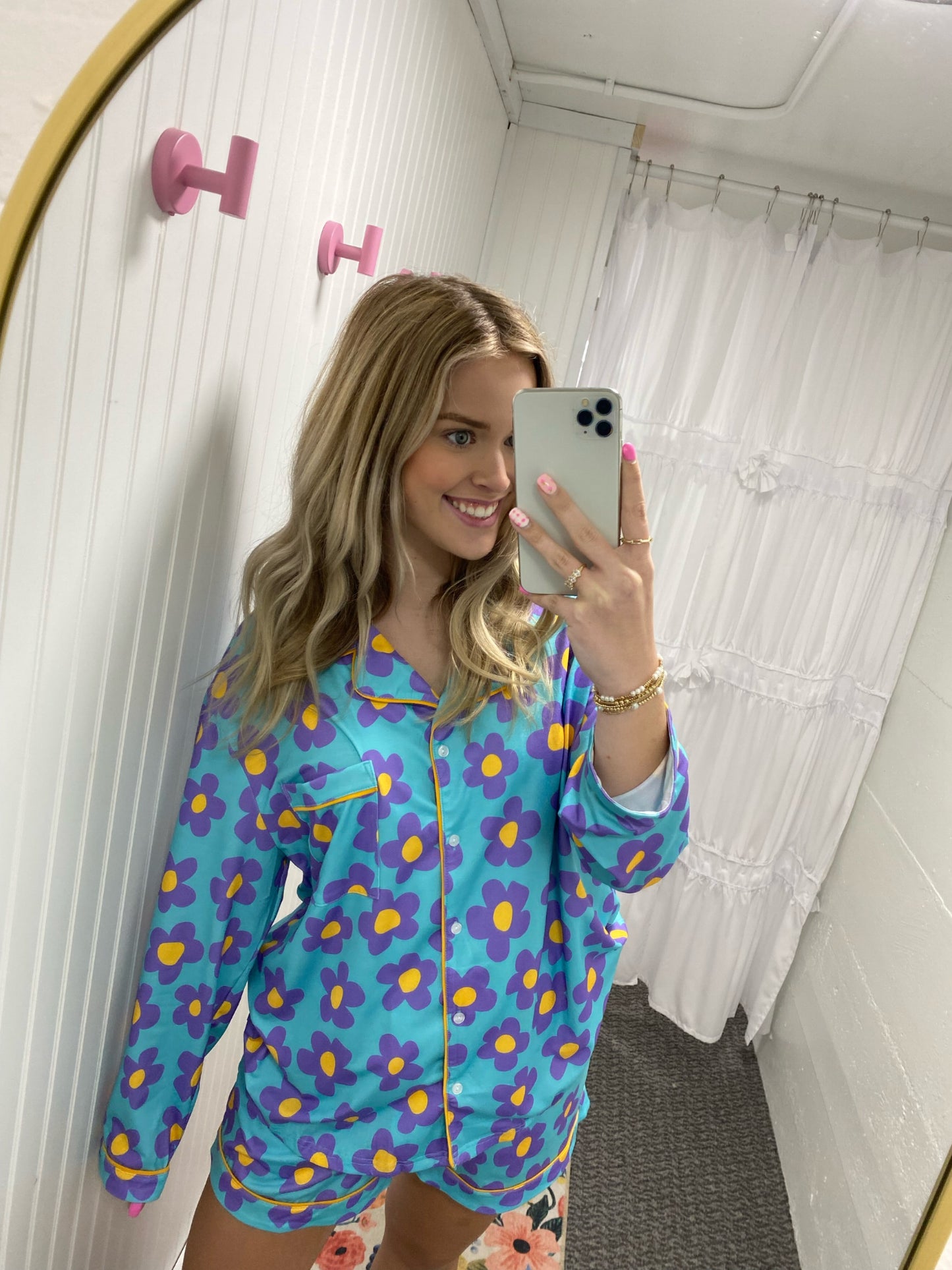 Flower Print Long Sleeve Pj Shorts Set