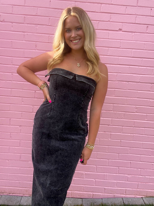 Black Corduroy Strapless Dress