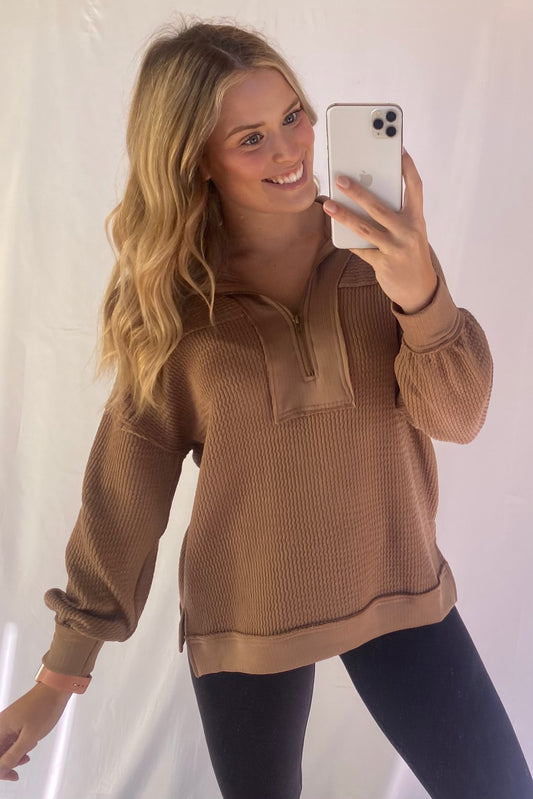 HALF ZIP COLLARED LONG SLEEVE WAFFLE KNIT TOP