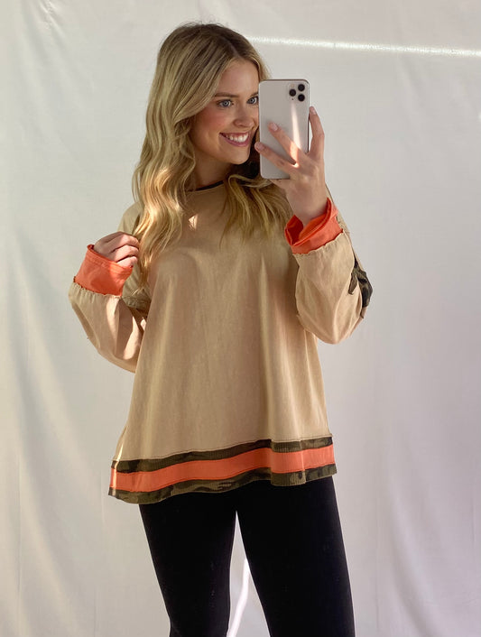 Color-blocked Camo Oversized Top