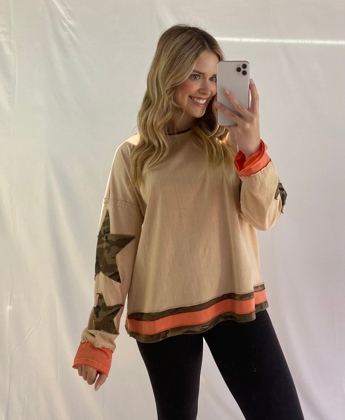 Color-blocked Camo Oversized Top