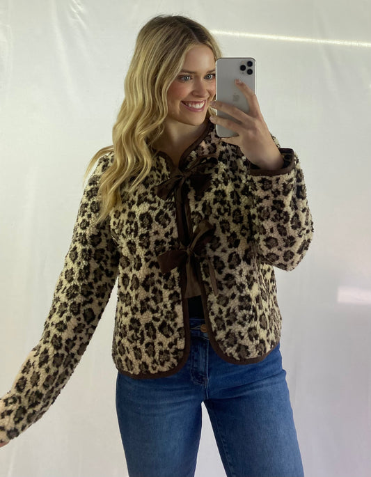 Leopard Sherpa Jacket W/ Tie Detail