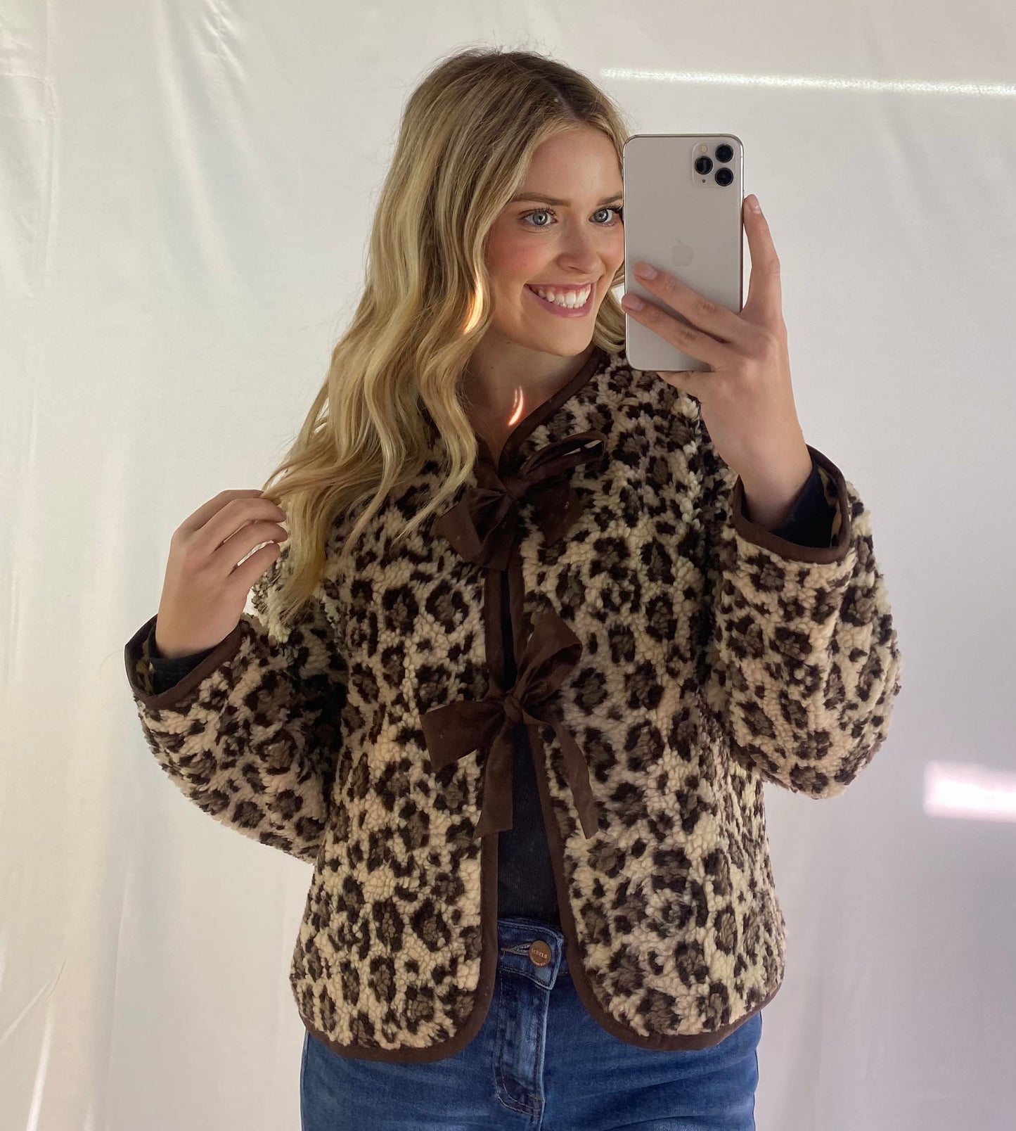 Leopard Sherpa Jacket W/ Tie Detail