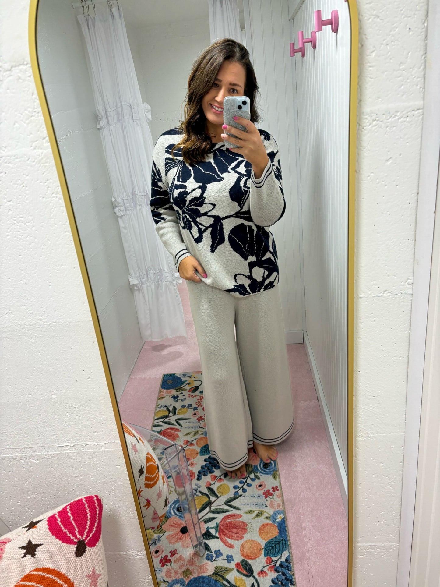 Flower Sweater Top Set With Cropped Pants