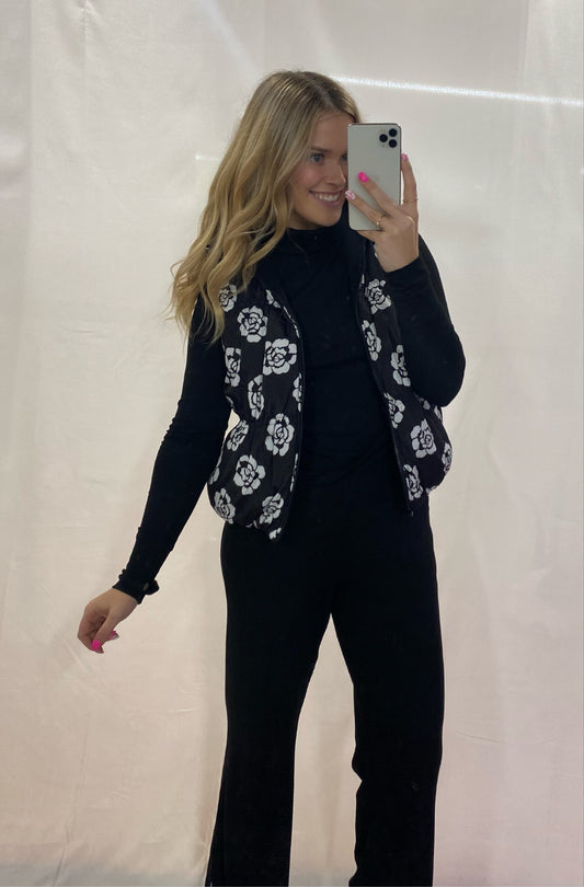 Reversible Black and Floral Puffer Vest