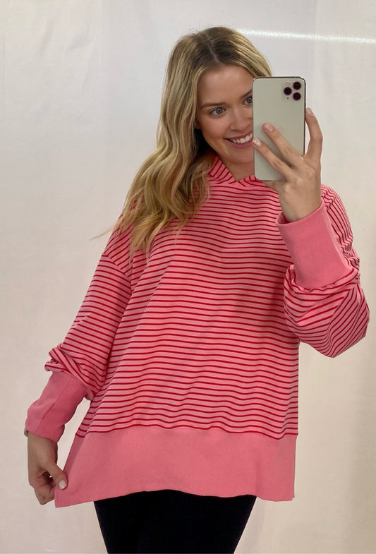 Pink and Red Stripe Hooded Top