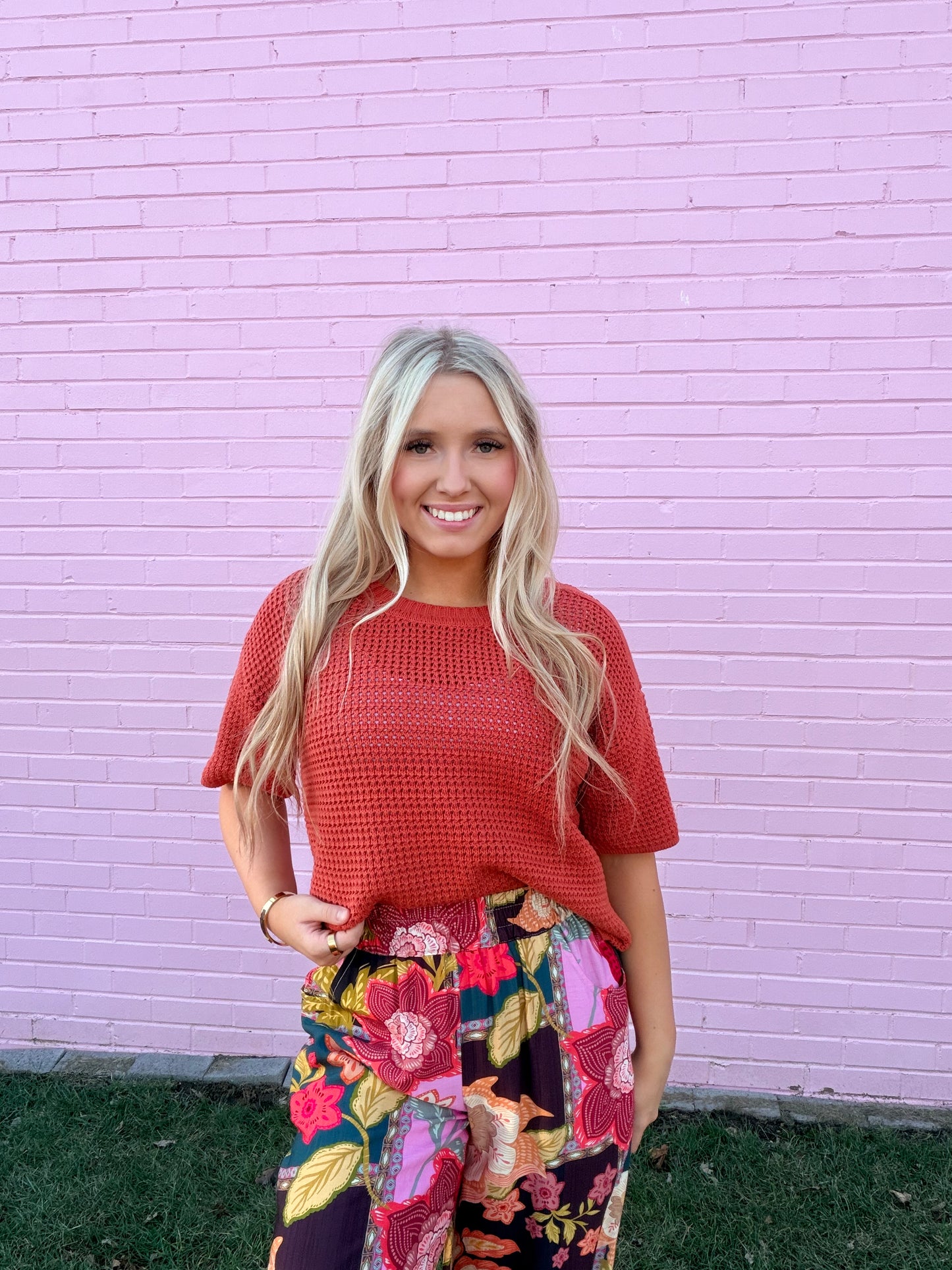 Waffle Knit Boxy Short Sleeve Sweater