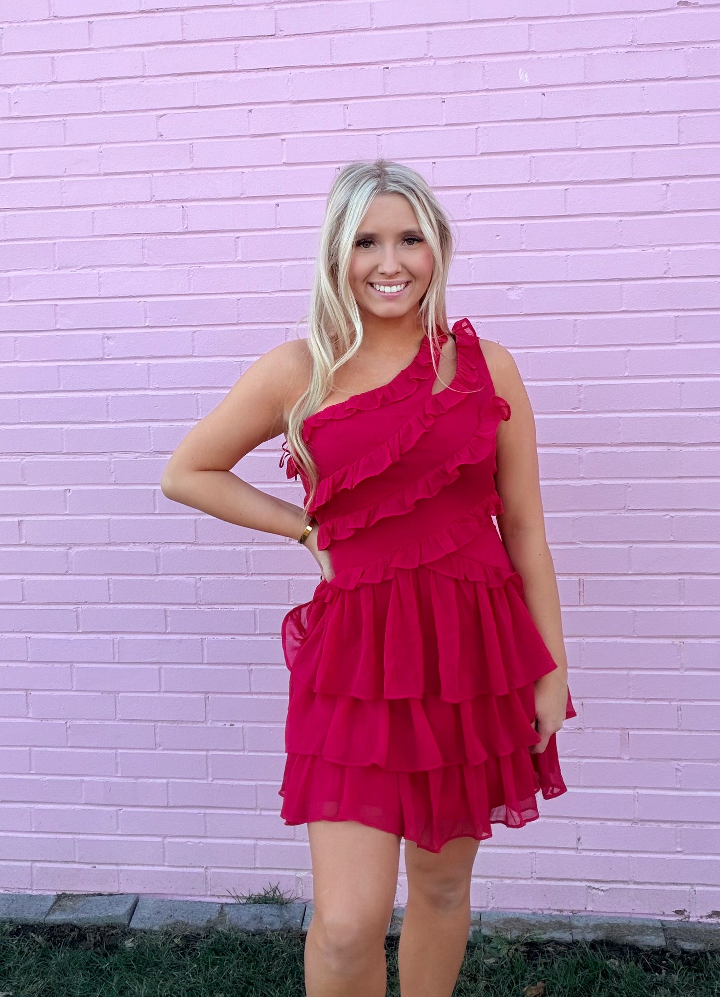 TIERED RUFFLE DETAILED ONE SHOULDER MINI DRESS