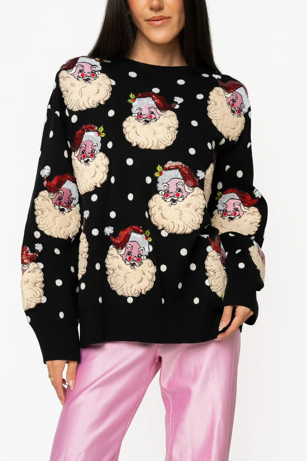 Queen Of Sparkles Black & White Polka Dot Scattered Santa Sweater